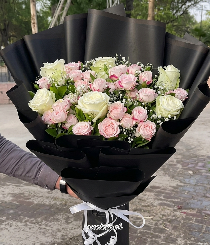 Elegant Pink & White Rose Bouquet in Premium Black Wrap